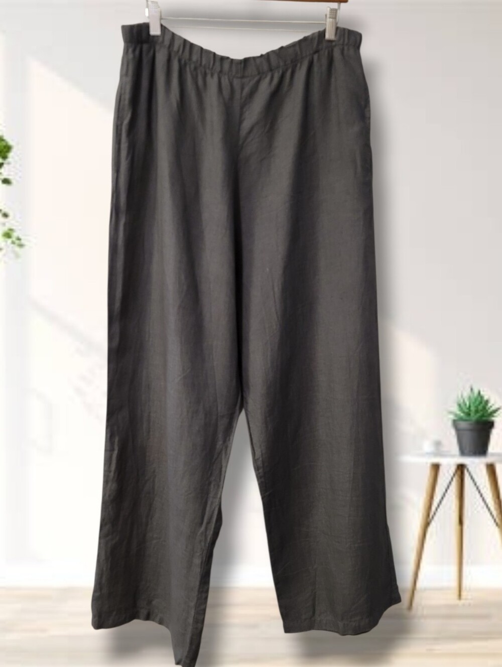 CP Shades Earthy Linen Olive Green Wide Leg Pull On Pants L Pockets Breathable